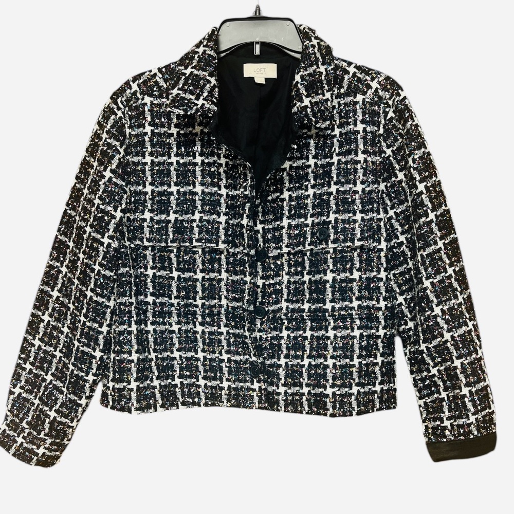 Loft Petite Shimmer Metallic Tweed Cropped Shirt Jacket or Blazer in multi-color